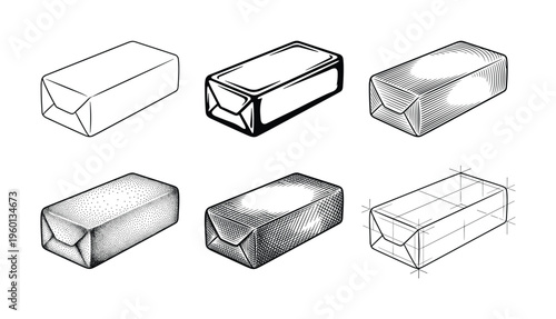 A set of six hand-drawn vector illustrations of a wrapped bar, like butter or soap. Shows different art styles: line art, hatching, stippling, and a technical blueprint sketch.