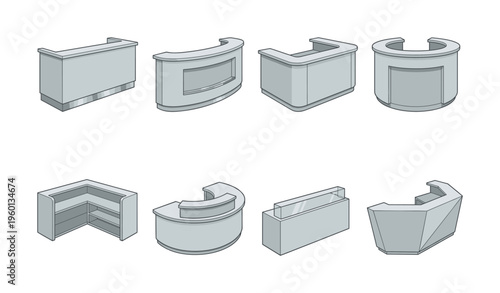 Collection of modern reception desk and counter furniture designs. Isometric vector illustration set for office, hotel, or corporate lobby interior concepts.