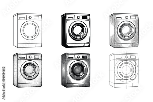 A set of six washing machine illustrations in various graphic styles like line art, engraving, and sketch. Ideal for appliance ads, manuals, and design concepts. Vector art.
