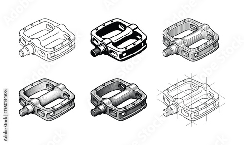 A set of six bicycle pedals in different technical illustration styles like line art, engraving, and stippling. Perfect for manuals, infographics, or bike culture designs.