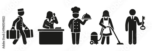 Hotel staff icons set. Collection of pictograms with bellboy, receptionist, chef, and maid. Vector symbols for hospitality business, tourism, and professional services.