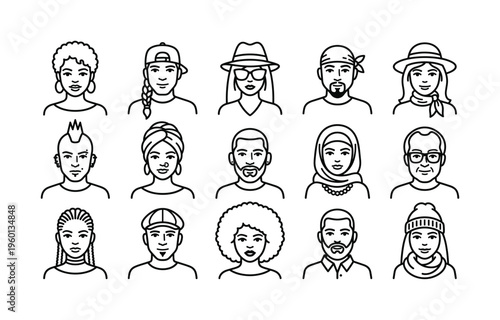 Set of diverse people portraits. Multicultural character faces for user avatars. Minimalist line icons representing different ethnicities, ages, and cultures for social concepts.