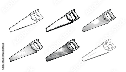 A collection of six hand saw illustrations in a vintage, engraving style. Black and white vector set for carpentry, DIY projects, construction logos, and retro design.