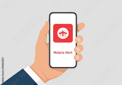 A person holding phone with malaria alert on screen, displaying mosquito icon and important health notification for disease prevention.
