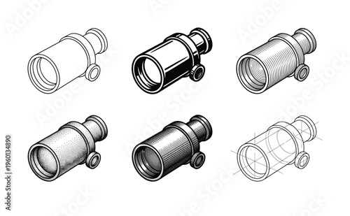 A set of six technical illustrations of a vintage monocular or spyglass. Features various retro styles like engraving, dotwork, and line art. Ideal for scientific or adventure themes.