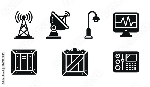 Set of black solid icons for technology and logistics. Includes antenna, satellite, monitor, and crate. Minimalist glyphs for UI, web design, and app development projects.