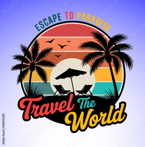 Vintage summer travel and tropical vacation illustration for t-shirt design