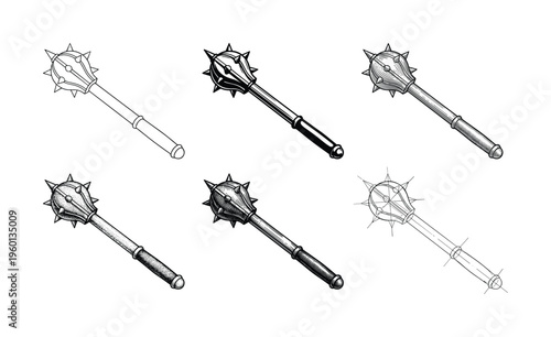 Set of six medieval spiked mace illustrations. Vector collection in various graphic styles like engraving, line art, and dotwork for fantasy, history or tattoo design.