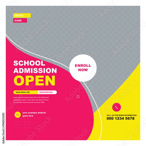 School admission social media post template. Colorful pink and yellow square banner layout for education, college, and university online marketing.