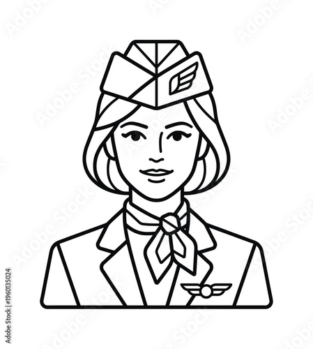 A professional flight attendant in uniform. This line art icon represents airline service, travel, and aviation. Perfect for logos, avatars, and travel industry branding.