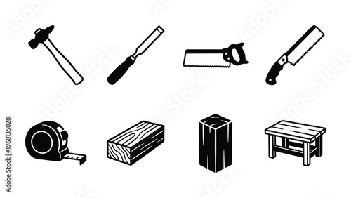 A black and white vector icon set of carpentry and woodworking tools for construction, repair, or DIY projects. Includes hammer, saw, chisel, and tape measure.
