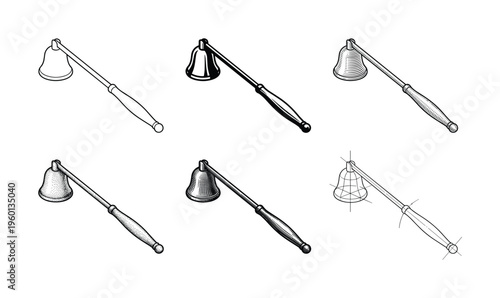 A set of six vintage candle snuffer illustrations. Includes various technical art styles like line art, engraving, and stippling. Perfect for historical or decor designs.