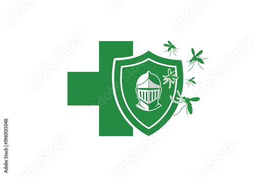 Malaria prevention symbol with green medical cross shield and mosquitoes vector illustration representing healthcare protection against viral diseases.