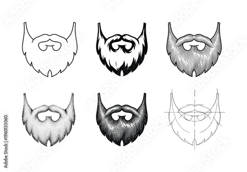 A set of six beard and mustache vector icons in various styles. Includes line art, engraving, and stippling for barbershop branding, logos, and male grooming designs.