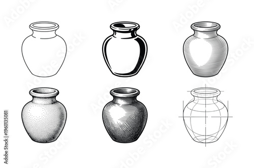 A set of six vector vase illustrations showing different art techniques like line art, engraving, stippling, and blueprint sketch. Perfect for design tutorials or icons.