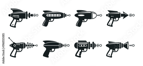 A collection of retro sci-fi ray gun icons. This vector set of blaster silhouettes is perfect for futuristic, space, or vintage comic book themed graphic design projects.