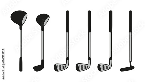 A set of various golf clubs, including a driver, wood, iron, and putter. Flat vector illustration for sports design, icons, or golf-related web graphics and infographics.