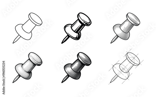 A set of six push pin icons in various artistic styles, including line art, engraving, stippling, and technical drawing. A versatile vector collection for office concepts.