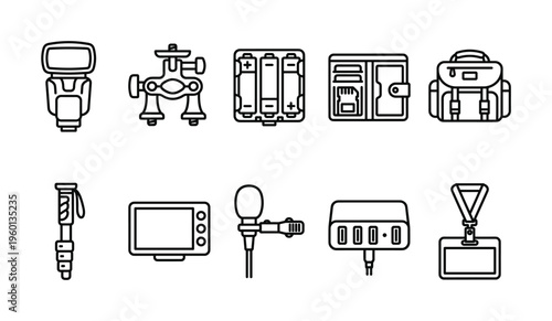A set of minimalist line icons depicting professional photography and videography equipment. Includes flash, microphone, backpack, and other gear. Ideal for web and graphic design.