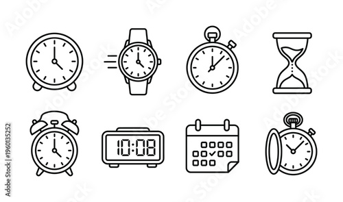 A set of simple line icons for time management, including clocks, watches, and calendars. Perfect for web design, UI, and business infographics to illustrate deadlines or schedules.