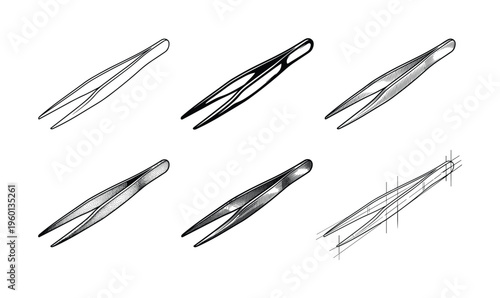 A set of hand drawn tweezers in various artistic styles like line art, engraving, and stippling. Minimalist vector illustration for beauty, medical or technical design concepts.