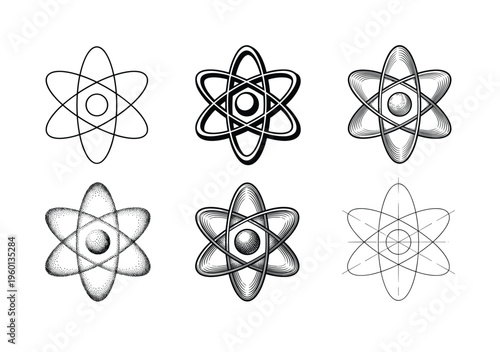 A set of six black and white atom icons. This vector collection shows science symbols in various styles like outline, engraving, and stipple, for logos or educational designs.
