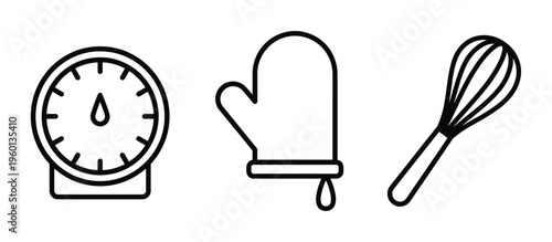 A minimalist set of black line icons for cooking and baking. Includes a kitchen timer, oven mitt, and whisk. Ideal for culinary websites, recipe graphics, and food blogs.