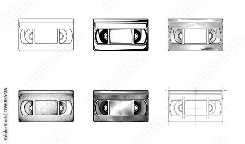 A set of VHS cassette vector illustrations in various retro graphic styles. Icons for nostalgic 80s and 90s themes, perfect for design, logos, or vintage projects.