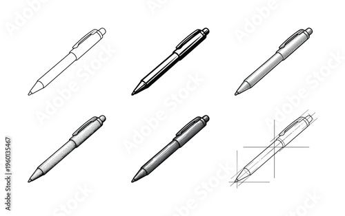 A vector set of six ballpoint pen illustrations. Each pen is drawn in a unique graphic style, including line art, hatching, stippling, and blueprint sketch. Perfect for design concepts.