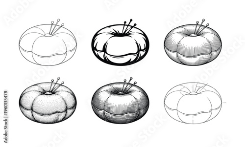 A set of six pincushion illustrations for sewing or craft projects. Vector collection includes line art, engraving, stippling, and schematic styles. Perfect for handmade logos.