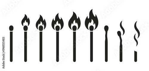 Vector icon set showing the stages of a burning match. A sequence from ignition to a burnt out stick with smoke. Useful for infographics, process steps, or life cycle concepts.