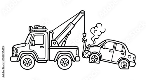 A tow truck provides roadside assistance, recovering a smoking, damaged car after a crash. Vector illustration for insurance, repair, or emergency services.
