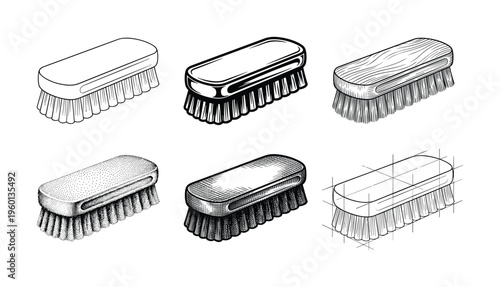 A collection of six cleaning brushes in a vintage, hand-drawn vector style. Includes line art, stippling, and crosshatching techniques. Perfect for logos or packaging.