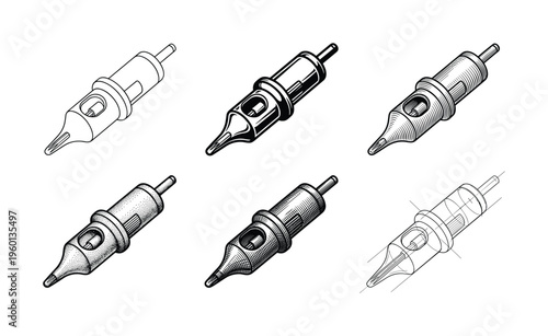 Versatile vector set of six tattoo needle cartridge illustrations. Features various graphic styles from outline to engraving. Perfect for tattoo art and studio design.