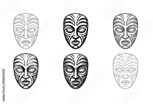 A set of tribal mask illustrations in various graphic art styles like line art, engraving, and stippling. Perfect for logos, icons, cultural designs, and tattoo art.