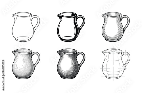 A set of vintage milk pitcher illustrations in various styles: line art, engraving, stippling, and blueprint. Ideal for logos, menus, packaging, and design elements.