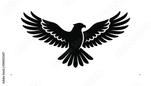 A black silhouette of a flying bird of prey with wings spread. This powerful and majestic hawk or eagle icon is perfect for a logo, emblem, or symbol of freedom and strength.