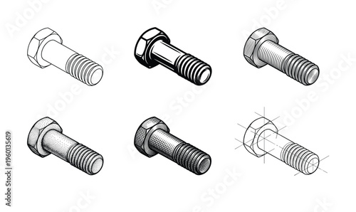 A set of six hex bolt illustrations in different graphic styles. Includes line art, hatching, stippling, and schematic drawings for engineering, construction, or industrial design.