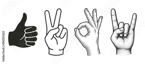 A set of four hand gestures showing positive signs like thumb up, peace, ok, and rock. Vector illustration collection in silhouette, line art, and vintage engraving styles.