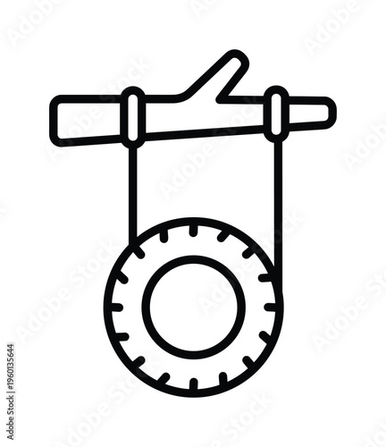 A simple line art vector icon of a tire swing hanging from a tree branch. Symbolizes childhood, play, summer, and outdoor fun. Perfect for playground or park themes.
