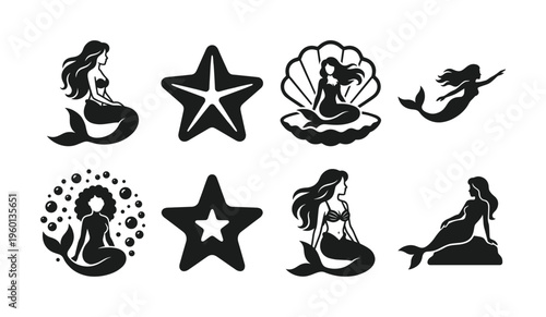 A mythical set of elegant mermaid and starfish silhouettes. This black vector icon collection is perfect for fantasy logos, branding, and sea-themed graphic design.