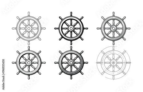 A set of six vintage nautical ship helm illustrations. Includes vector icons in line art, engraving, and blueprint styles. Perfect for logo design, maritime themes, and adventure branding.