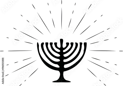 Vector illustration of black silhouette of a hanukkah menorah with radiating light rays