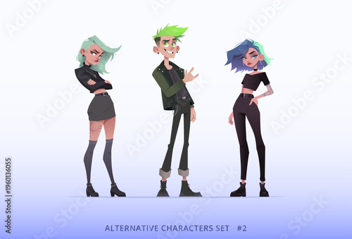 Cartoon style collection of three alternative young people. Goth girl in mesh, punk guy in leather jacket with rock sign, and alt girl with split dyed hair. Isolated on gradient