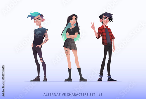 Cartoon style collection of alternative young people. Punk man with tattoos, goth girl with green hair, and emo boy in flannel. Three character poses isolated on gradient