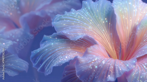 Delicate petals glow with soft, shimmering light. Pastel hues blend dreamlike hues of blue and pink. Fine, glowing lines trace petal edges like delicate veins. Faint sparkles dance across each surface