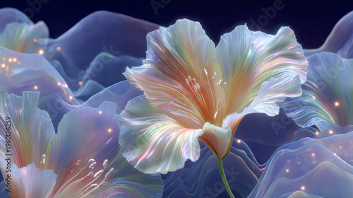 Glowing petals shimmer with iridescent hues. Soft light dances on translucent, flowing surfaces. Delicate flowers float amid glowing, dreamlike waves. Serene, magical ambiance fills the scene