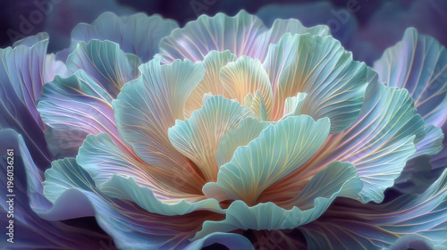 Softly glowing petals in pastel hues. Delicate layers ripple with gentle light. Subtle gradients blend purple, pink, and cream. Flower radiates calm serenity and elegance. Ideal for luxury design