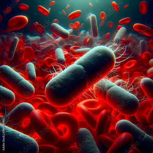 pill-shaped rod bacteria e-coli red blood cells AI-generated medical healthcare illustration