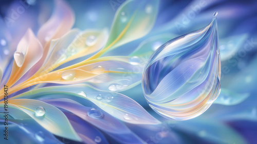 Soft water droplet floats beside glowing petals. Pastel hues swirl in gentle, dreamlike motion. Dewy leaves shimmer with iridescent light. Ideal for nature, wellness, or tranquil mood visuals